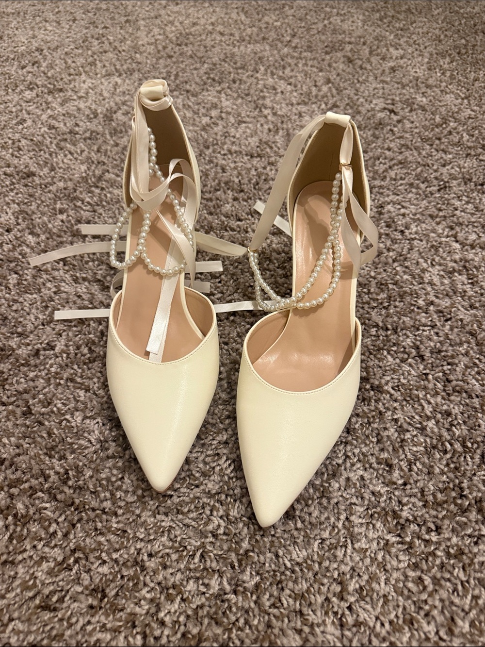 Pearl-Accent Ivory Pointed Toe Lace-Up Pumps
